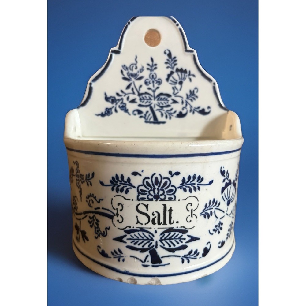 Vtg Blue White Delft Style Wall Mount Salt Box Ceramic Salt Cellar Kitchen Decor